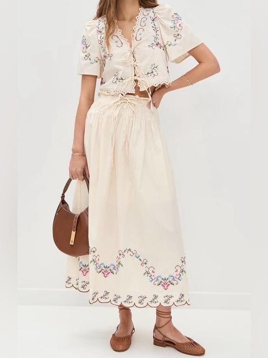 Moon River Dresses & Skirts - Moon River Ivory Eyelet Cross Stitch Midi Skirt & Top Two piece set womens small